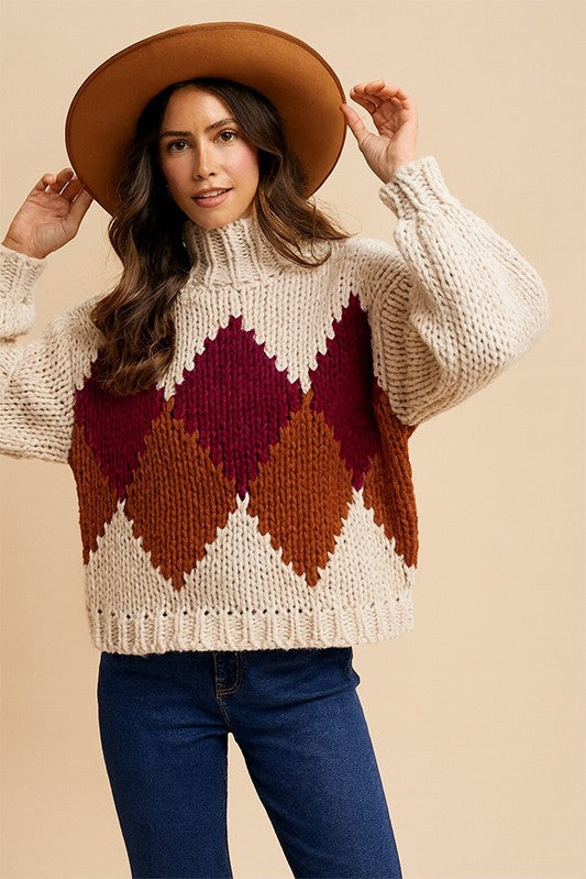 Knit Argyle Pattern Mock Neck Sweater