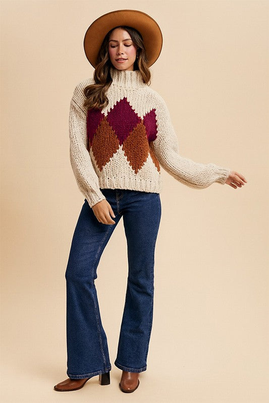 Knit Argyle Pattern Mock Neck Sweater