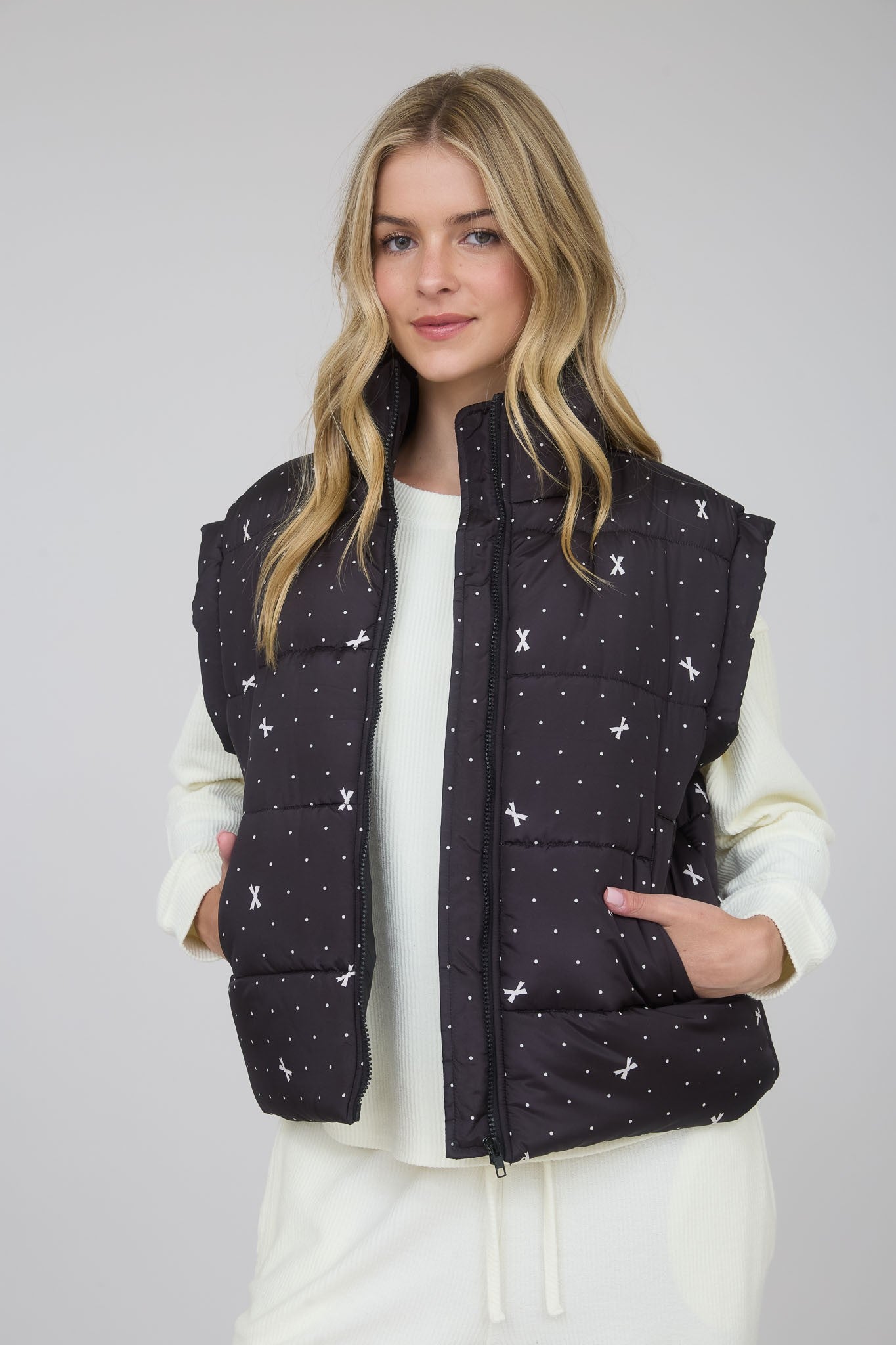 Polka Dot & Bow Zip-Up Puffer Vest (Black)