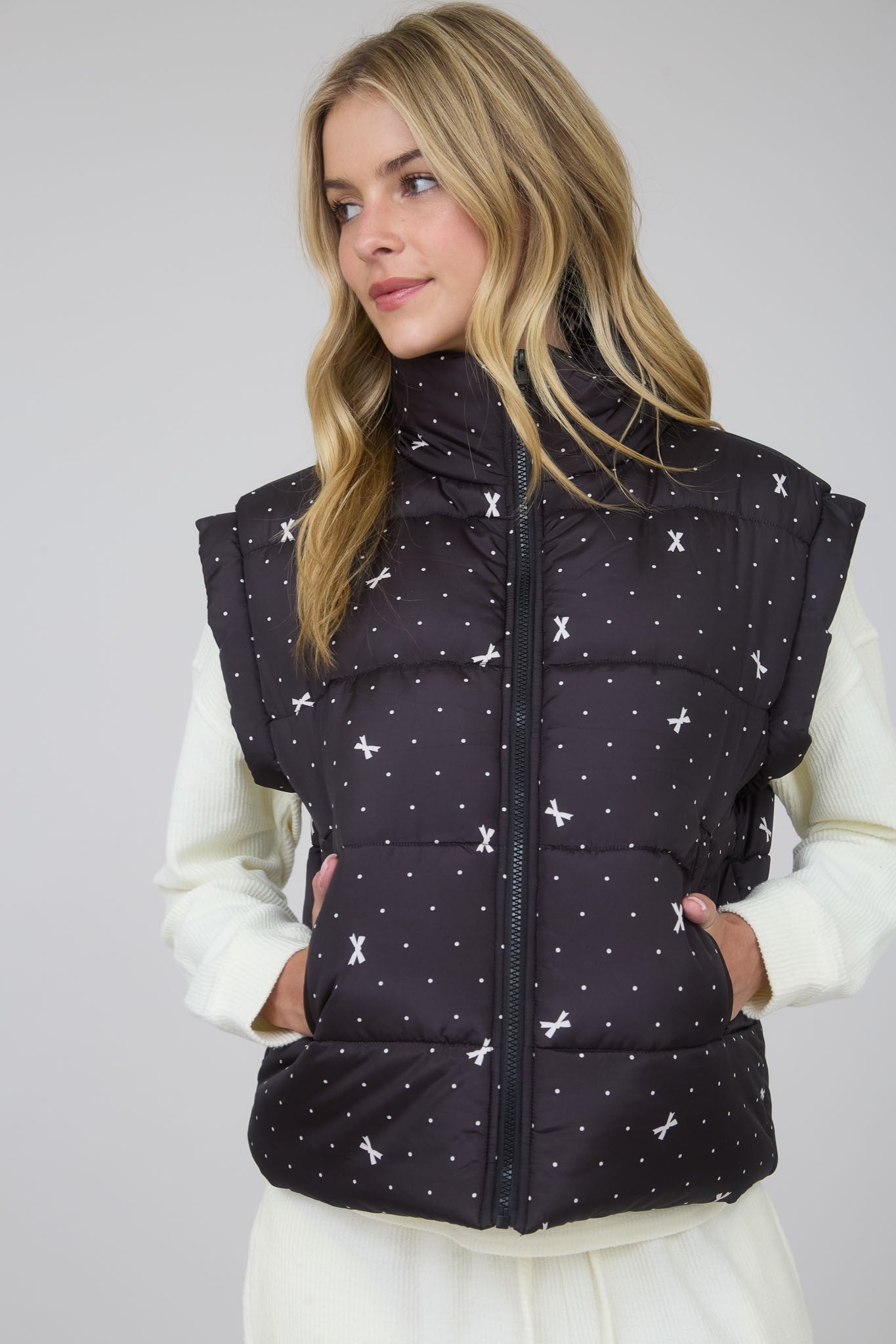 Polka Dot & Bow Zip-Up Puffer Vest (Black)