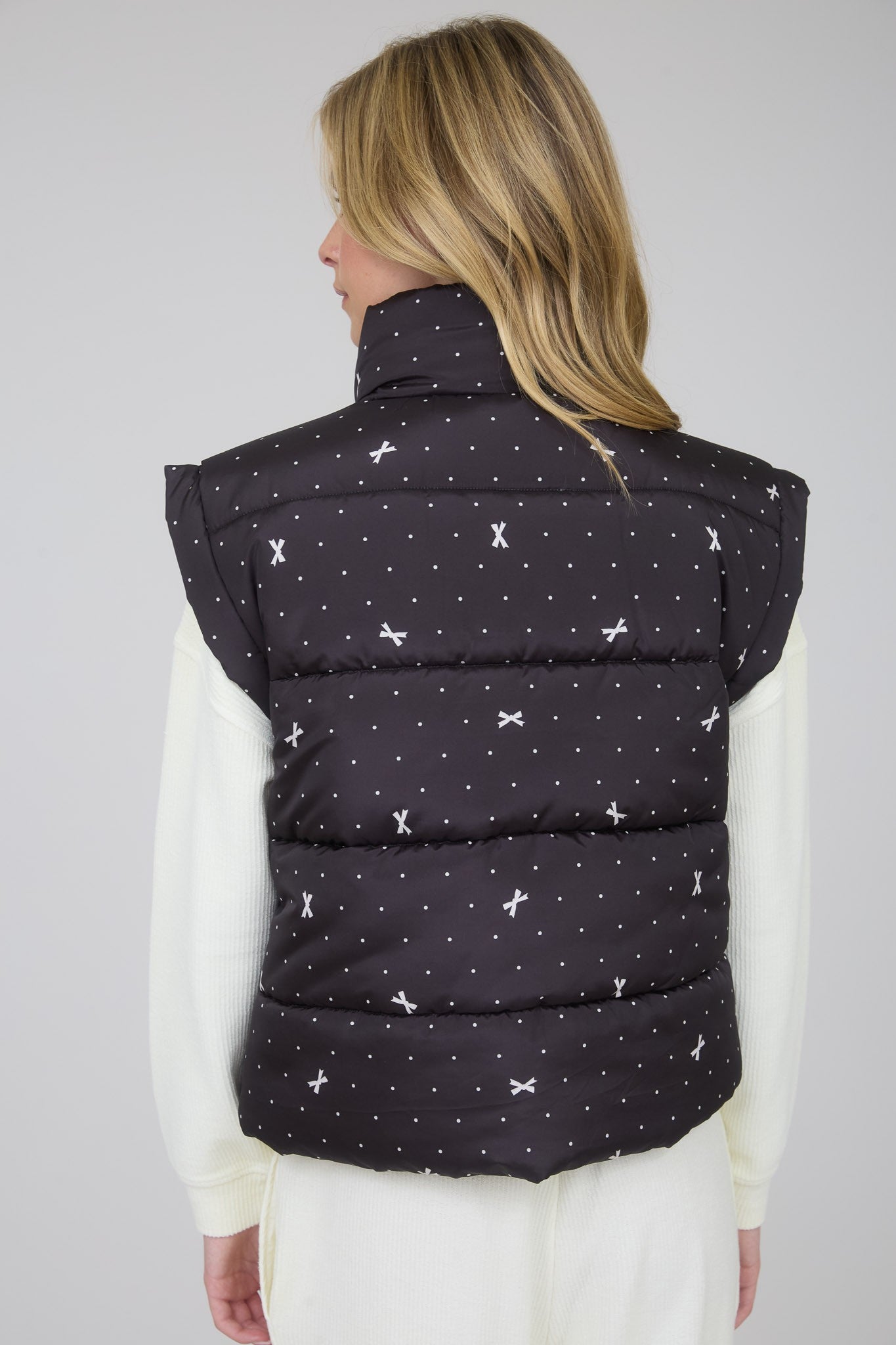 Polka Dot & Bow Zip-Up Puffer Vest (Black)