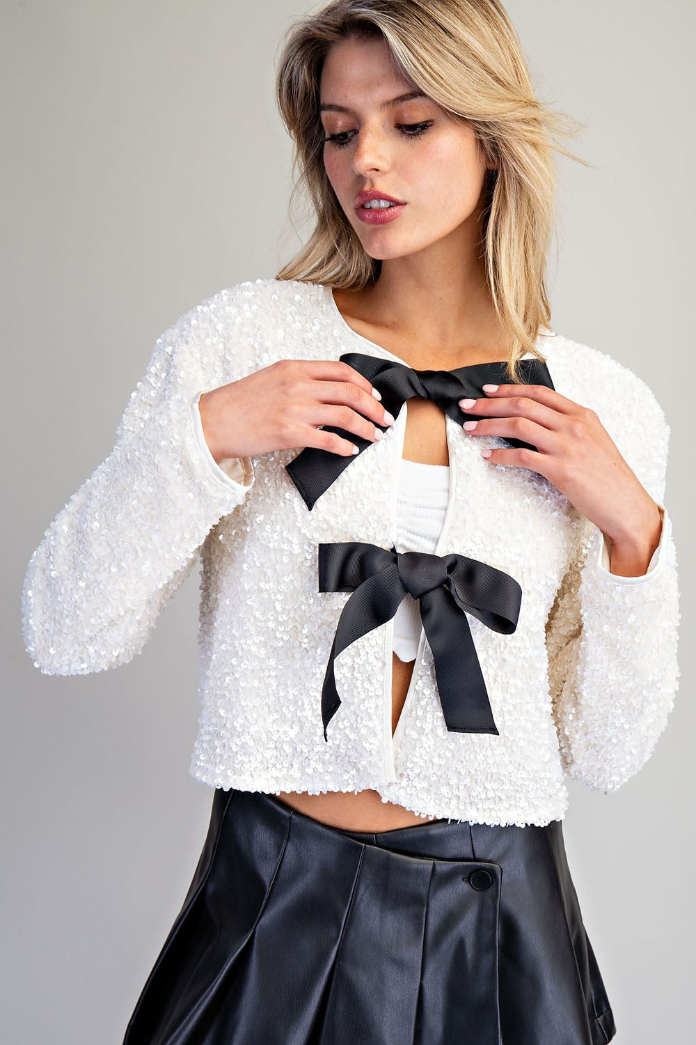 Bow Detail Sequin Cropped Jacket