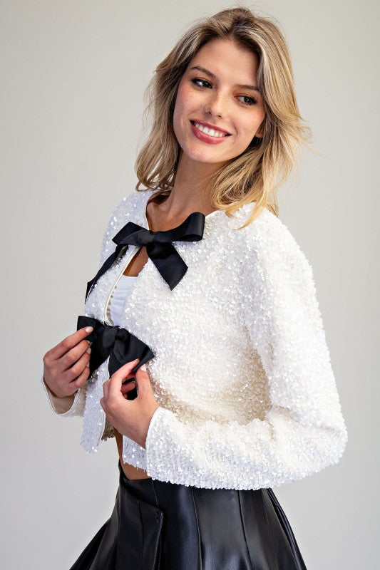 Bow Detail Sequin Cropped Jacket