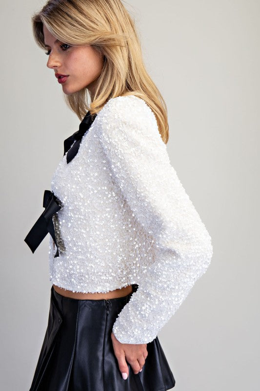 Bow Detail Sequin Cropped Jacket