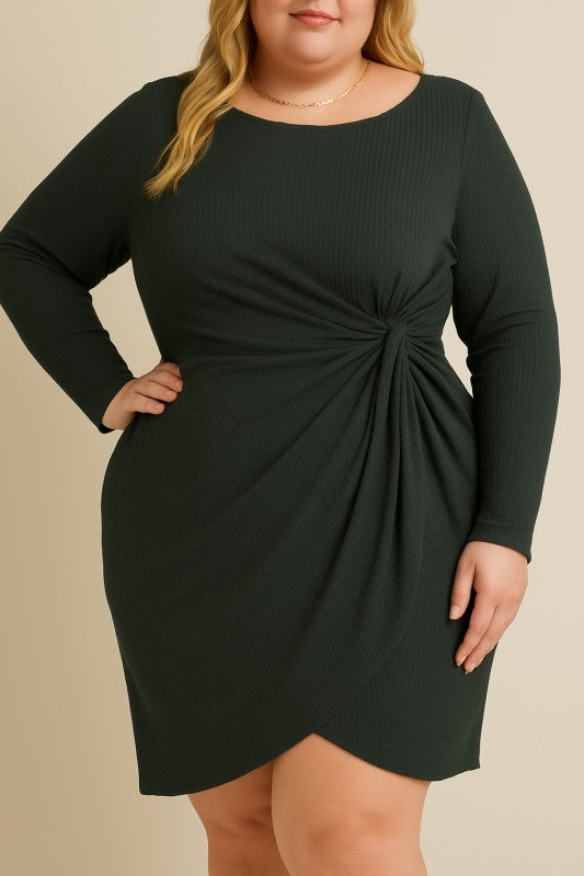 Long Sleeve Waist Twist Dress (Plus Size)