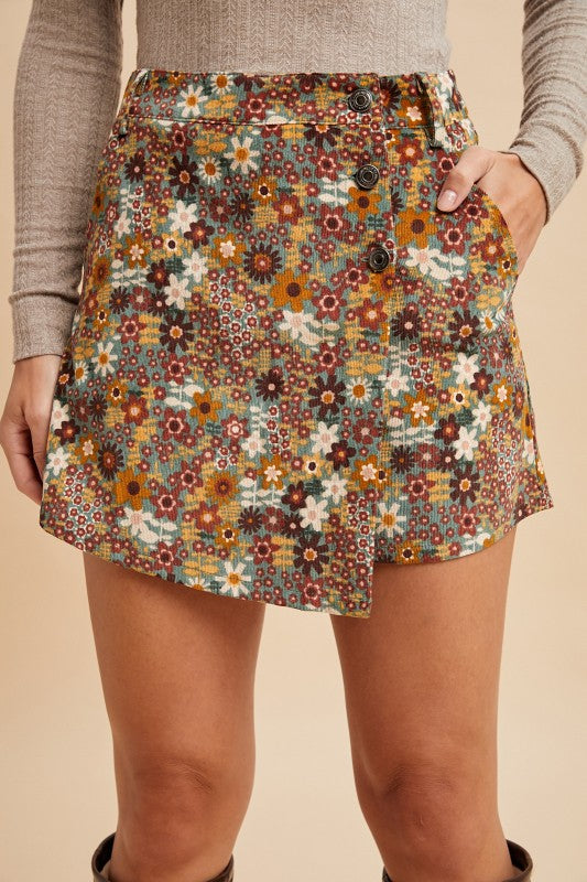 Floral Corduroy Button Front Wrap Skort