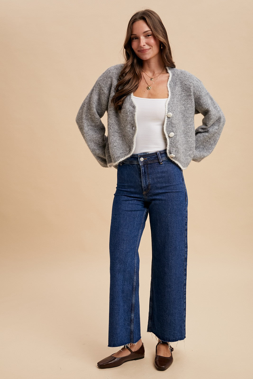 Wool Blend Scallop Edge Cropped Cardigan (Heather Grey)