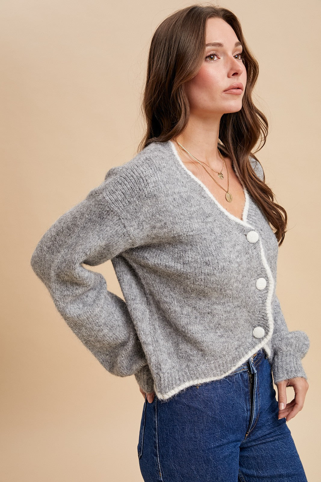 Wool Blend Scallop Edge Cropped Cardigan (Heather Grey)
