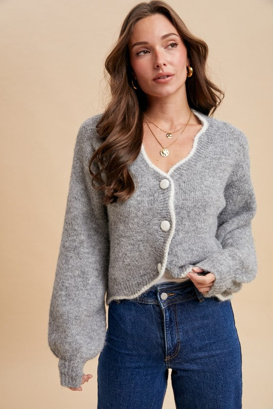 Wool Blend Scallop Edge Cropped Cardigan (Heather Grey)