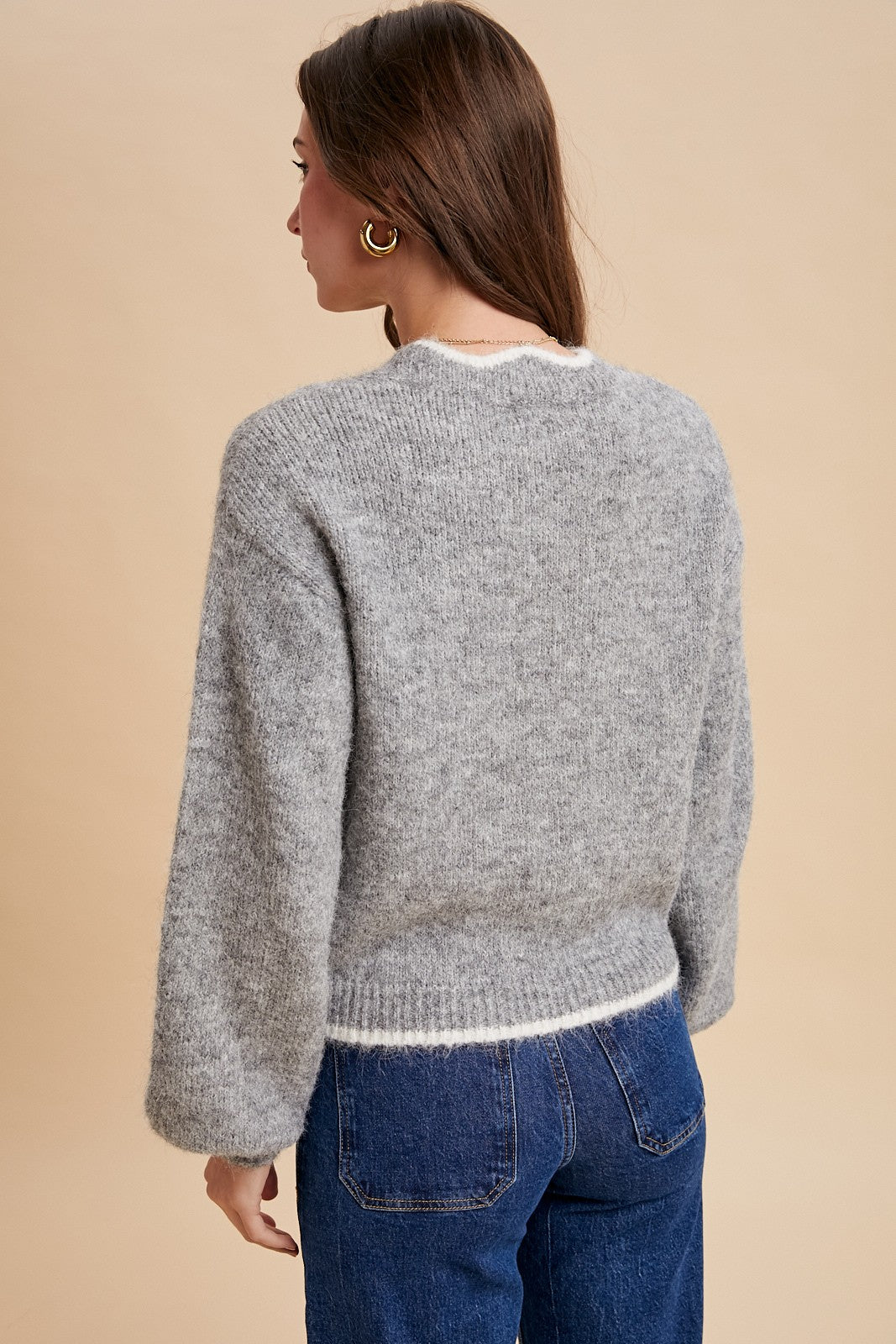 Wool Blend Scallop Edge Cropped Cardigan (Heather Grey)