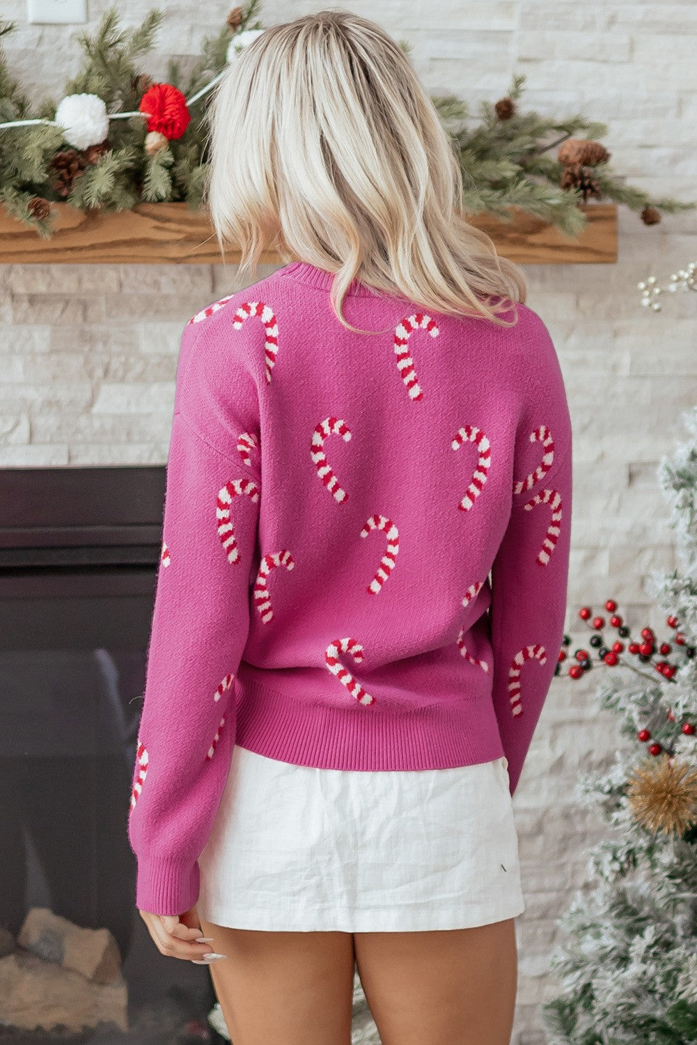 Pink Candy Cane Drop Shoulder Sweater