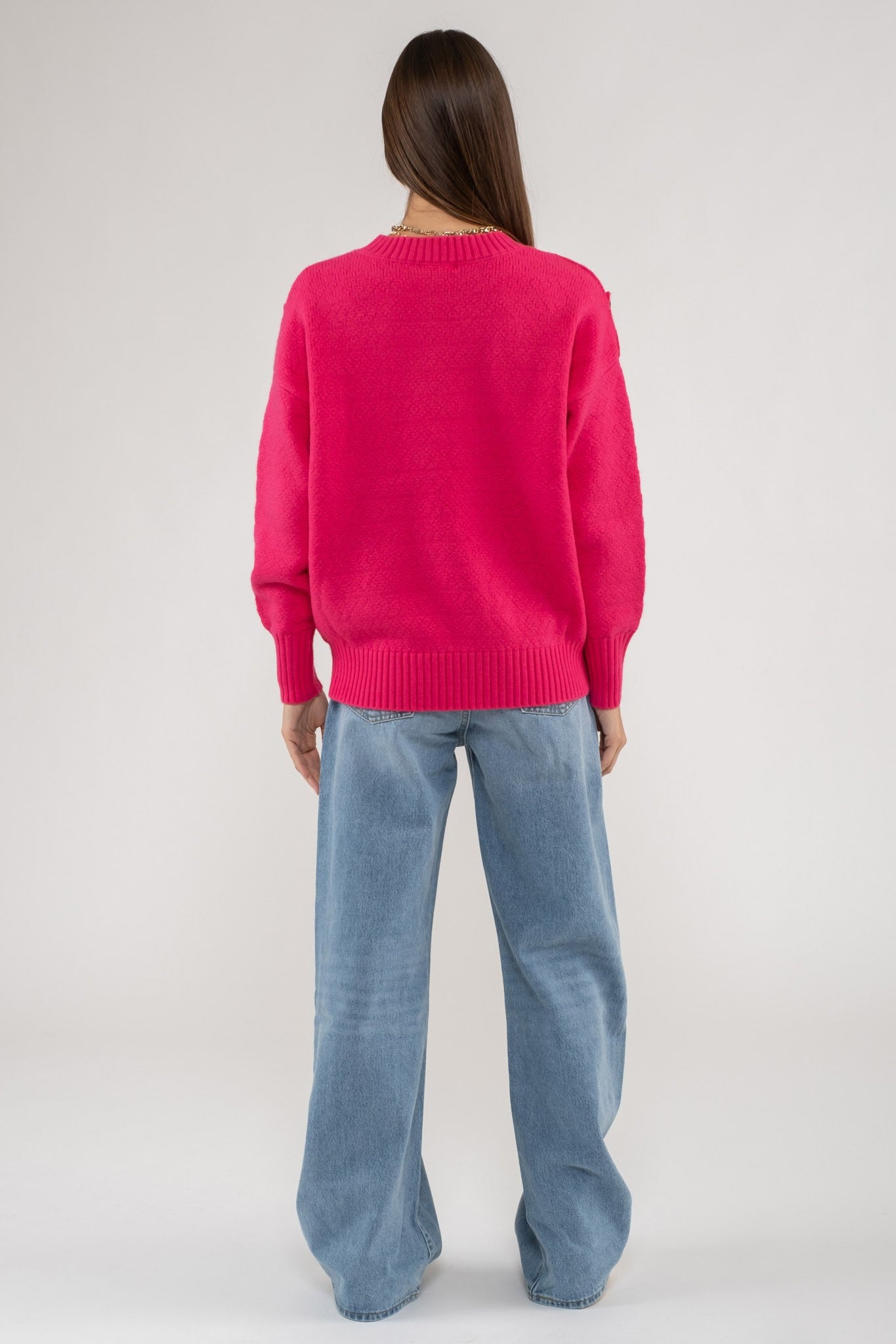 Hot Pink Tab Shoulder Pullover Sweater