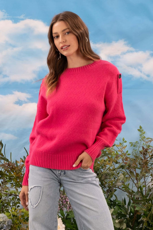 Hot Pink Tab Shoulder Pullover Sweater