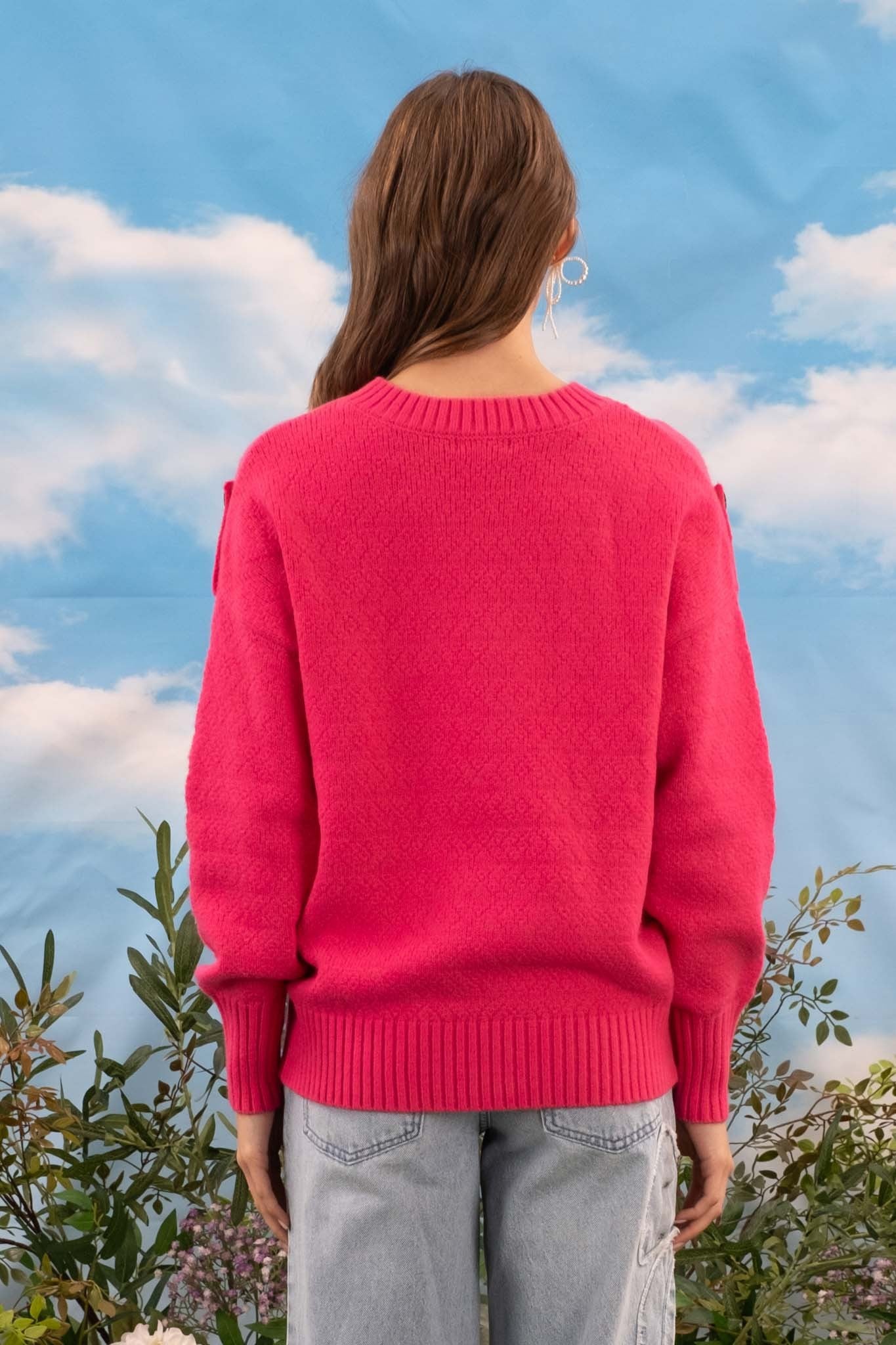 Hot Pink Tab Shoulder Pullover Sweater
