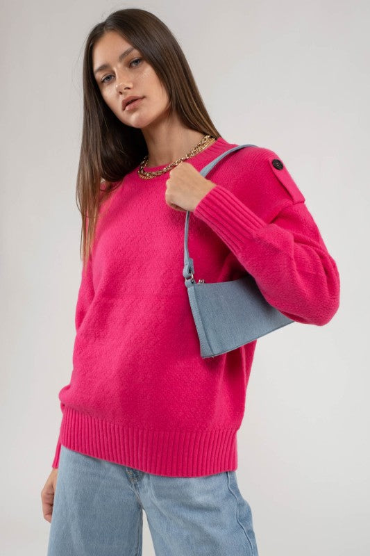 Hot Pink Tab Shoulder Pullover Sweater
