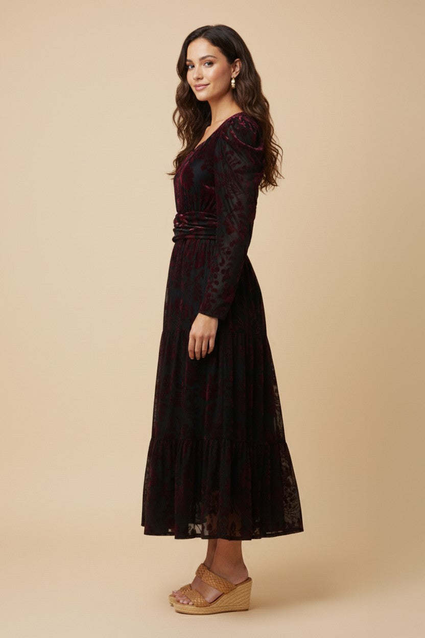 Burgundy Floral Velvet Midi Dress