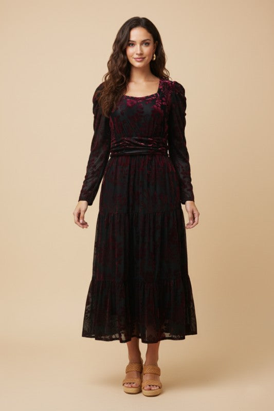 Burgundy Floral Velvet Midi Dress
