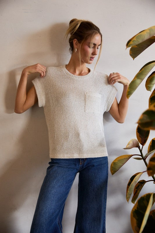 Crew Neck Cuffed Short Sleeve Knit Top