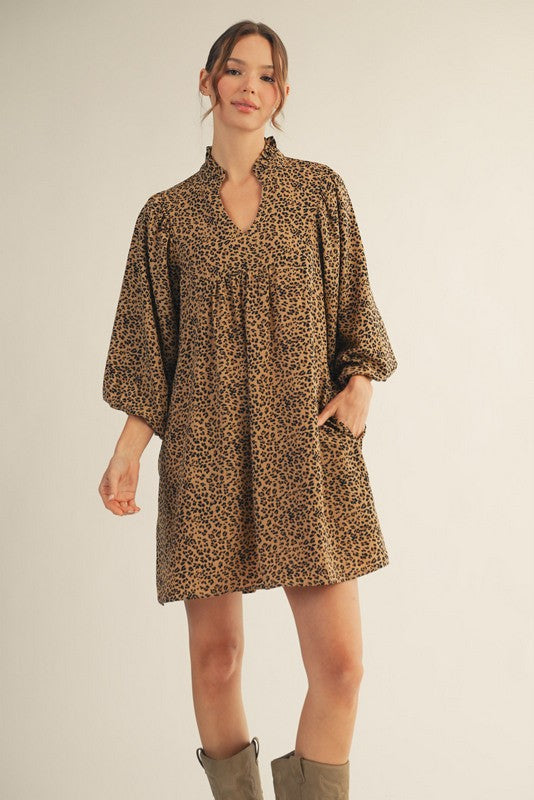 Ruffle Collar Balloon Sleeve Leopard Print Dress