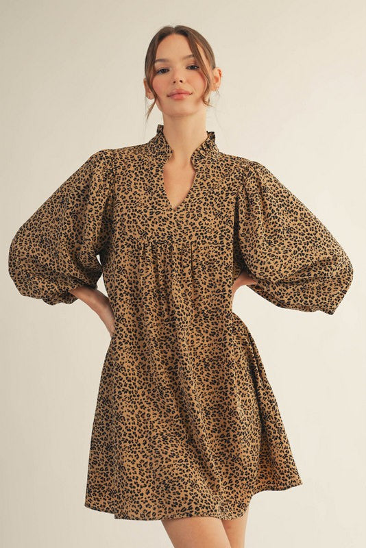 Ruffle Collar Balloon Sleeve Leopard Print Dress