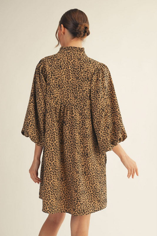 Ruffle Collar Balloon Sleeve Leopard Print Dress
