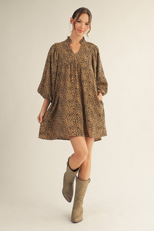 Ruffle Collar Balloon Sleeve Leopard Print Dress