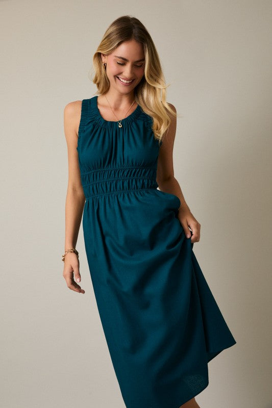 Linen Blend Teal Cinched Waist Midi Dress