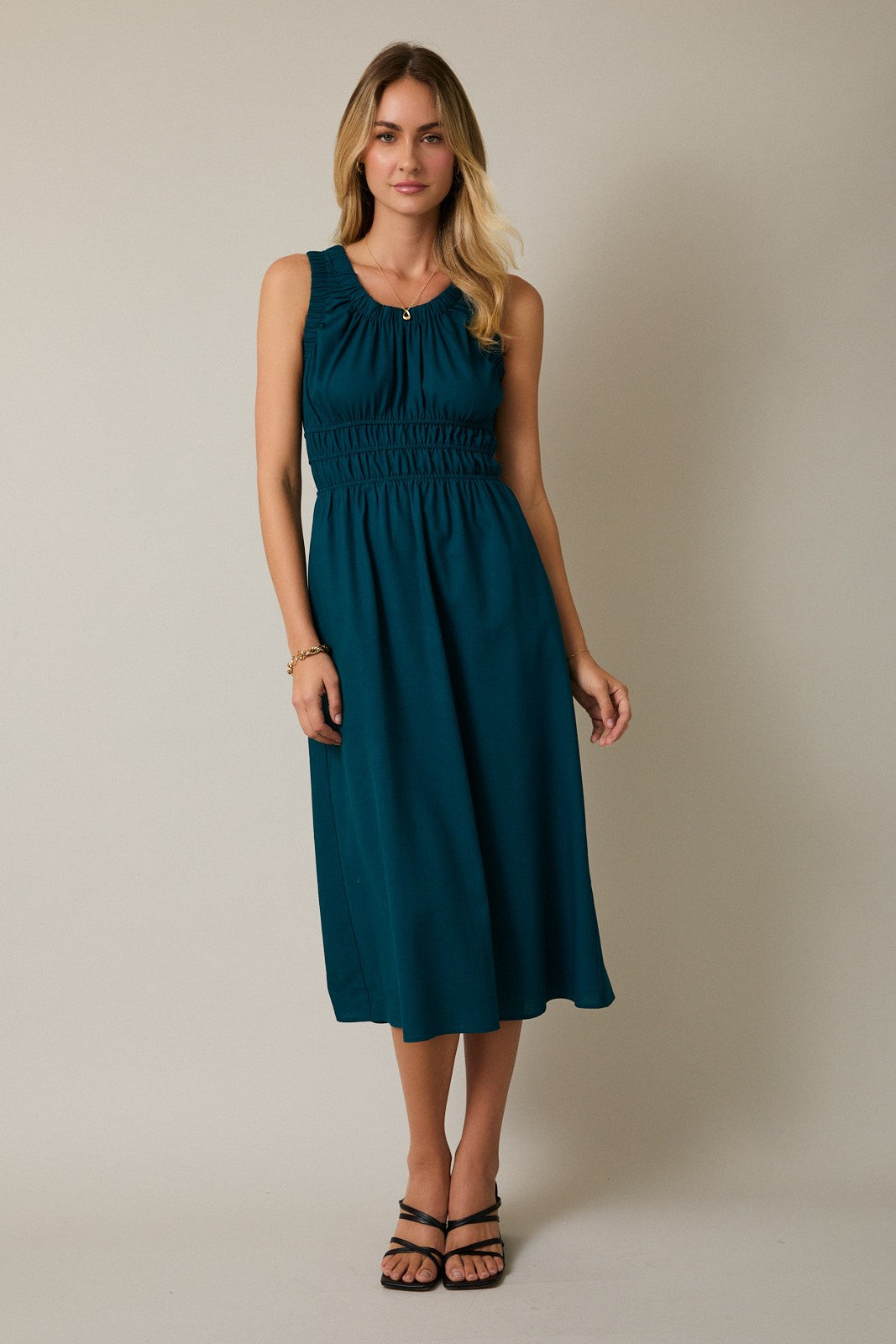 Linen Blend Teal Cinched Waist Midi Dress