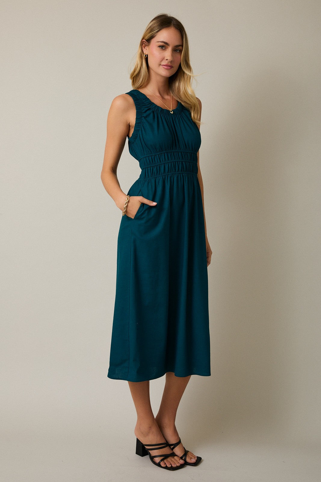 Linen Blend Teal Cinched Waist Midi Dress