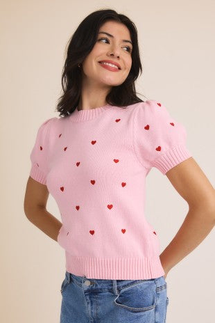 Short Puff Sleeve Heart Embroidered Sweater