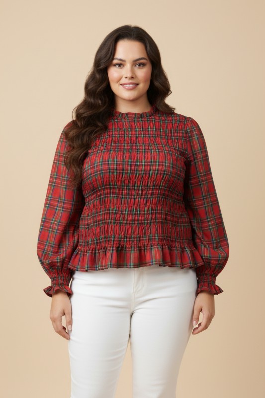 Smocked Plaid Long Sleeve Top (Plus Size)