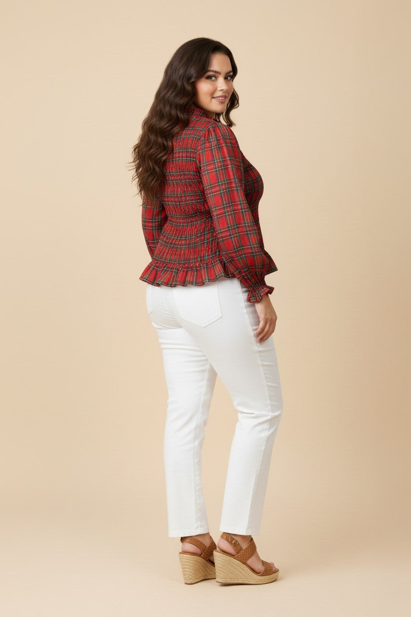 Smocked Plaid Long Sleeve Top (Plus Size)