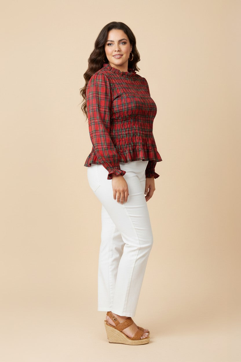 Smocked Plaid Long Sleeve Top (Plus Size)