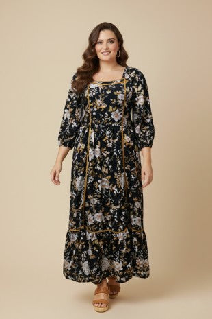 Square Neck 3/4 Sleeve Midi Dress (Plus Size)