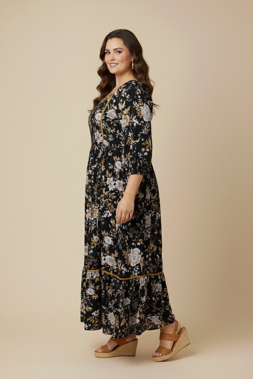 Square Neck 3/4 Sleeve Midi Dress (Plus Size)