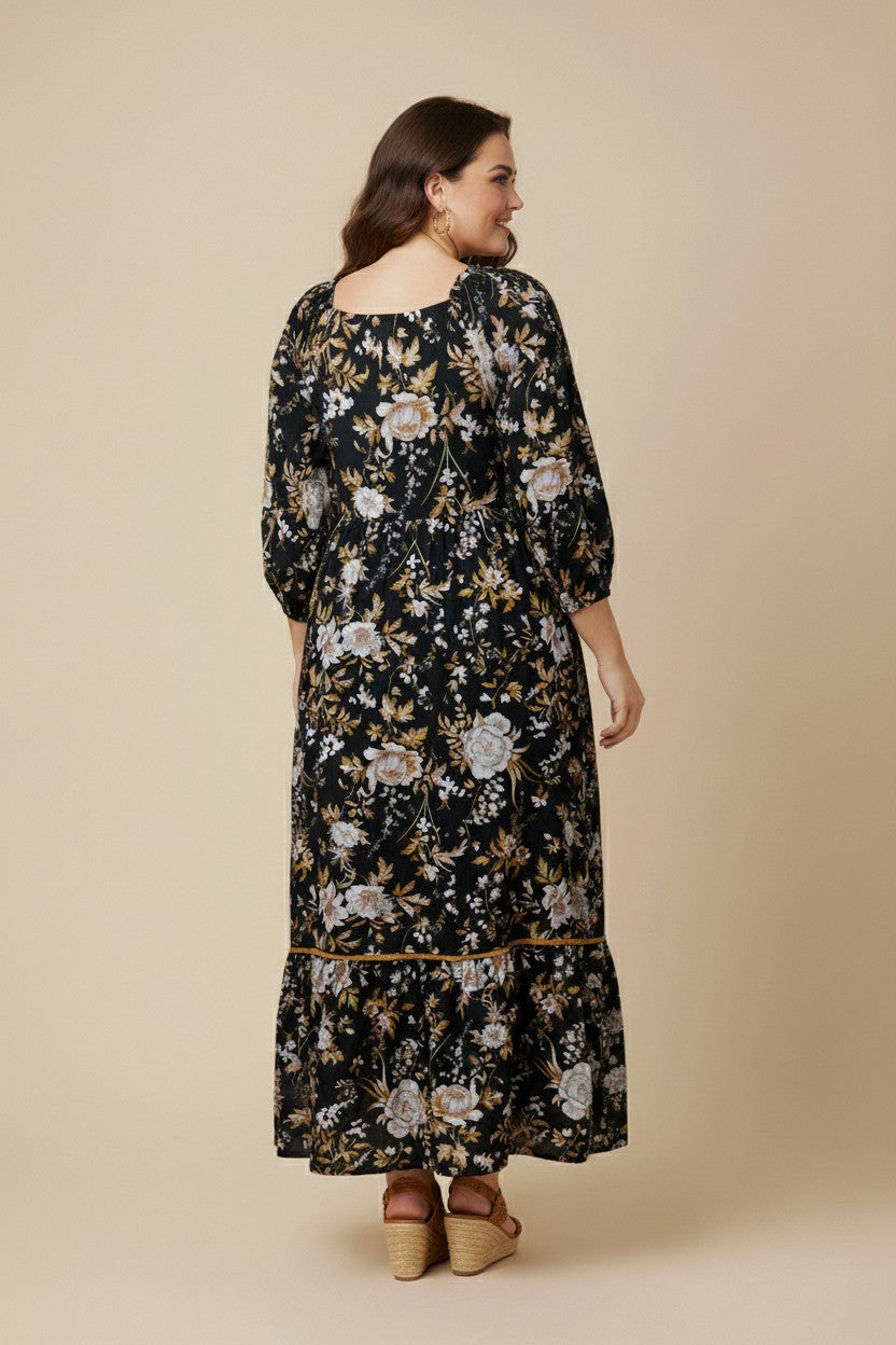 Square Neck 3/4 Sleeve Midi Dress (Plus Size)