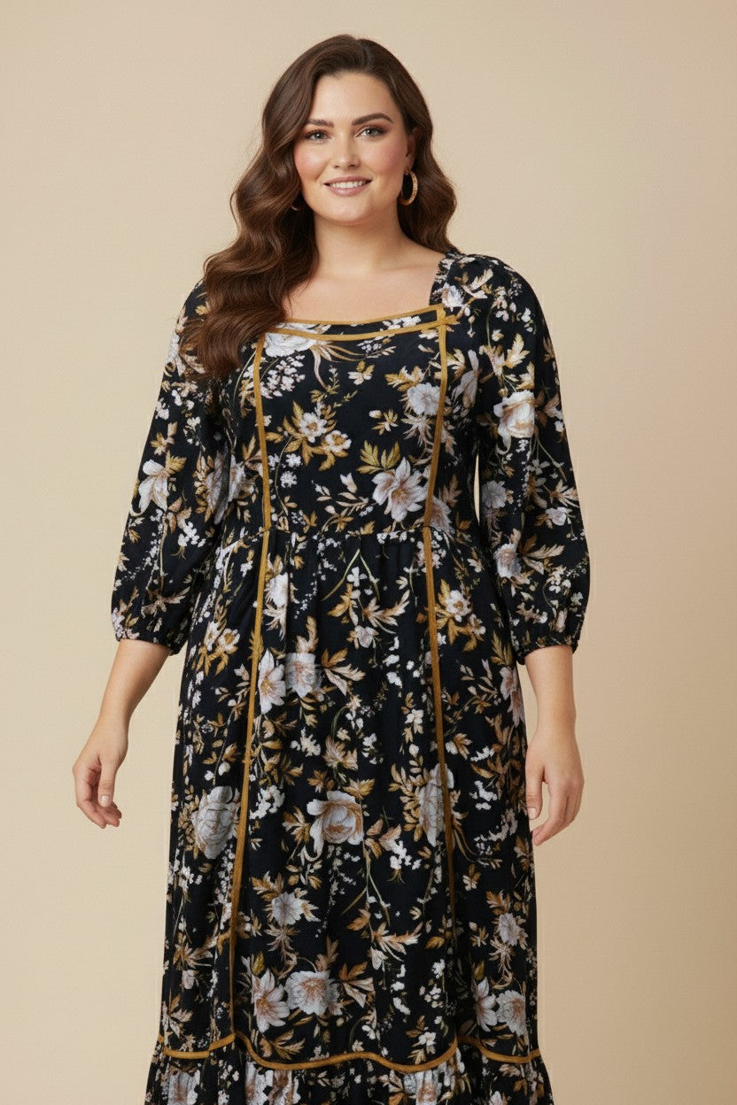 Square Neck 3/4 Sleeve Midi Dress (Plus Size)