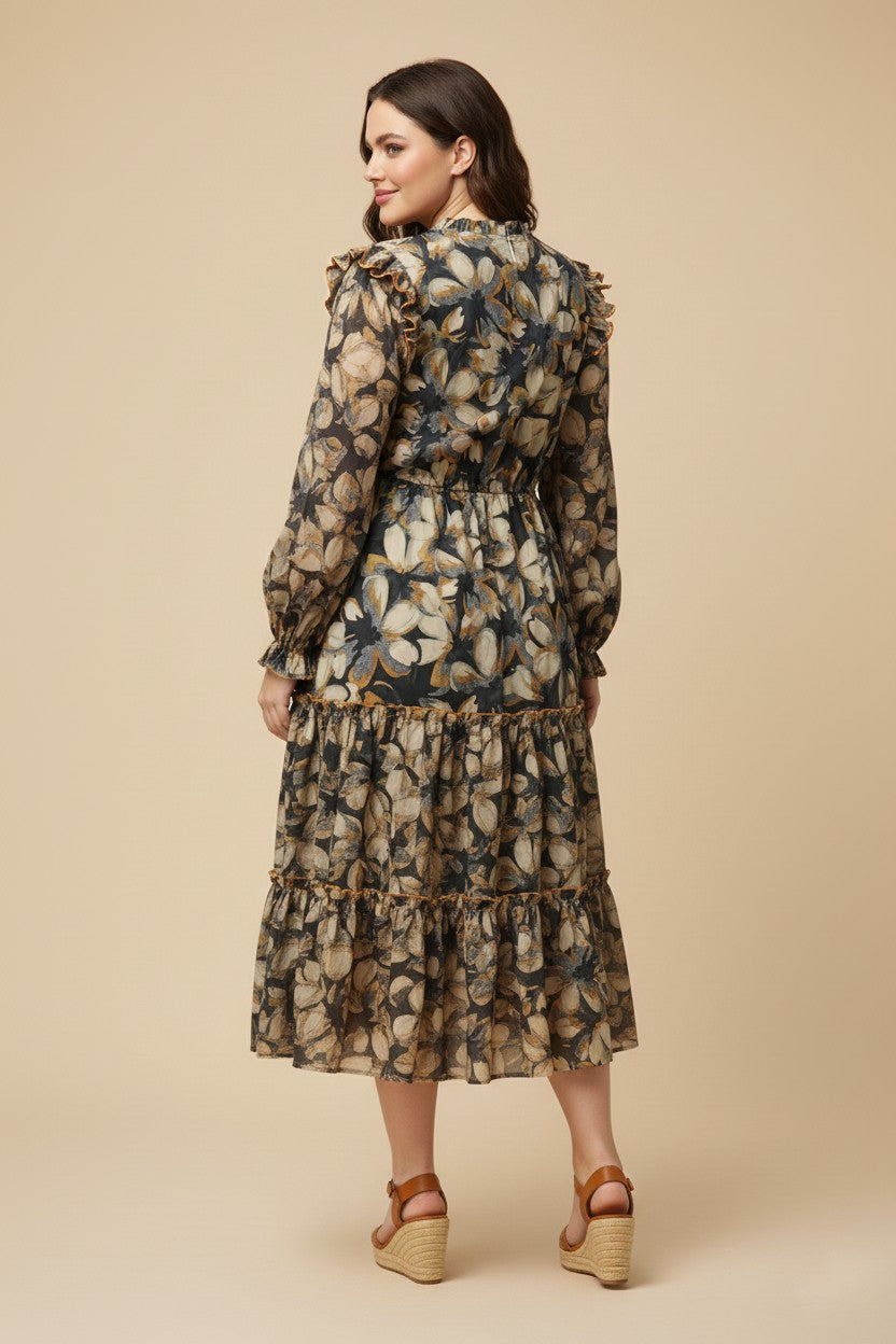 Ruffle Shoulder Long Sleeve Midi Dress (Plus Size)