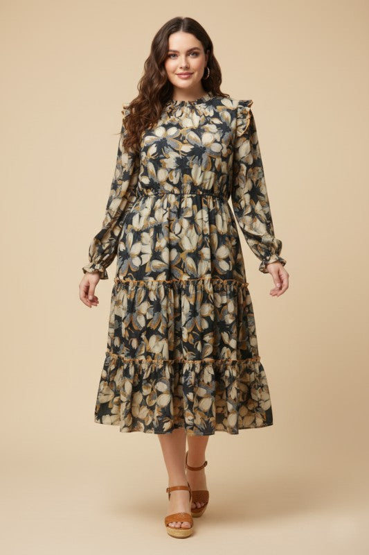 Ruffle Shoulder Long Sleeve Midi Dress (Plus Size)