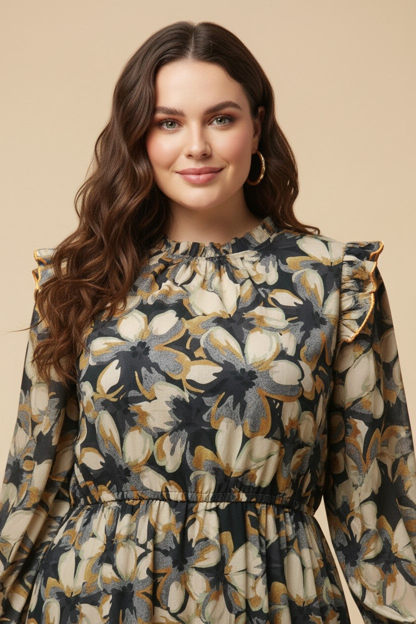 Ruffle Shoulder Long Sleeve Midi Dress (Plus Size)