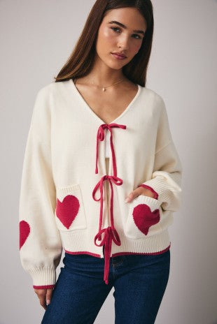 V-Neck Front Tie Heart Sweater