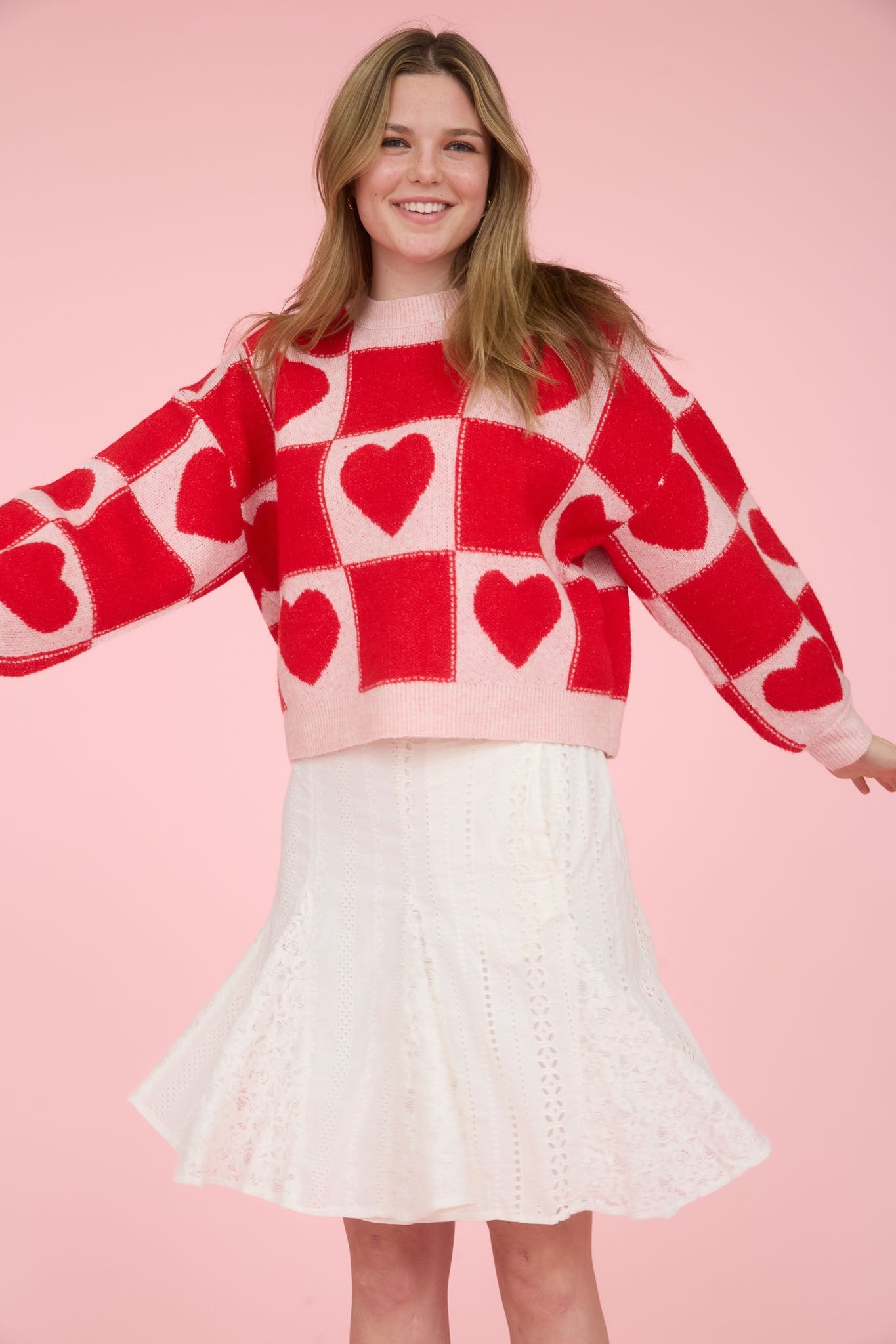Checkered Heart Print Sweater