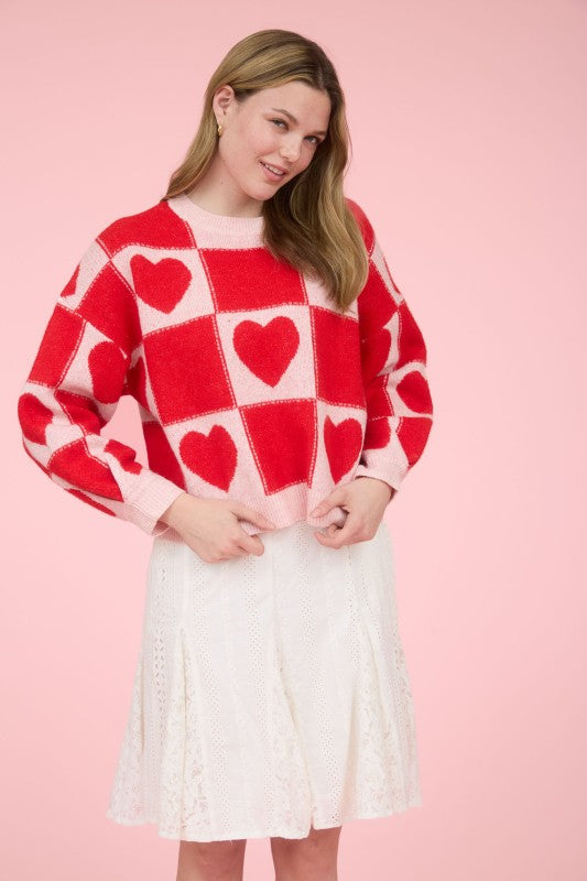 Checkered Heart Print Sweater
