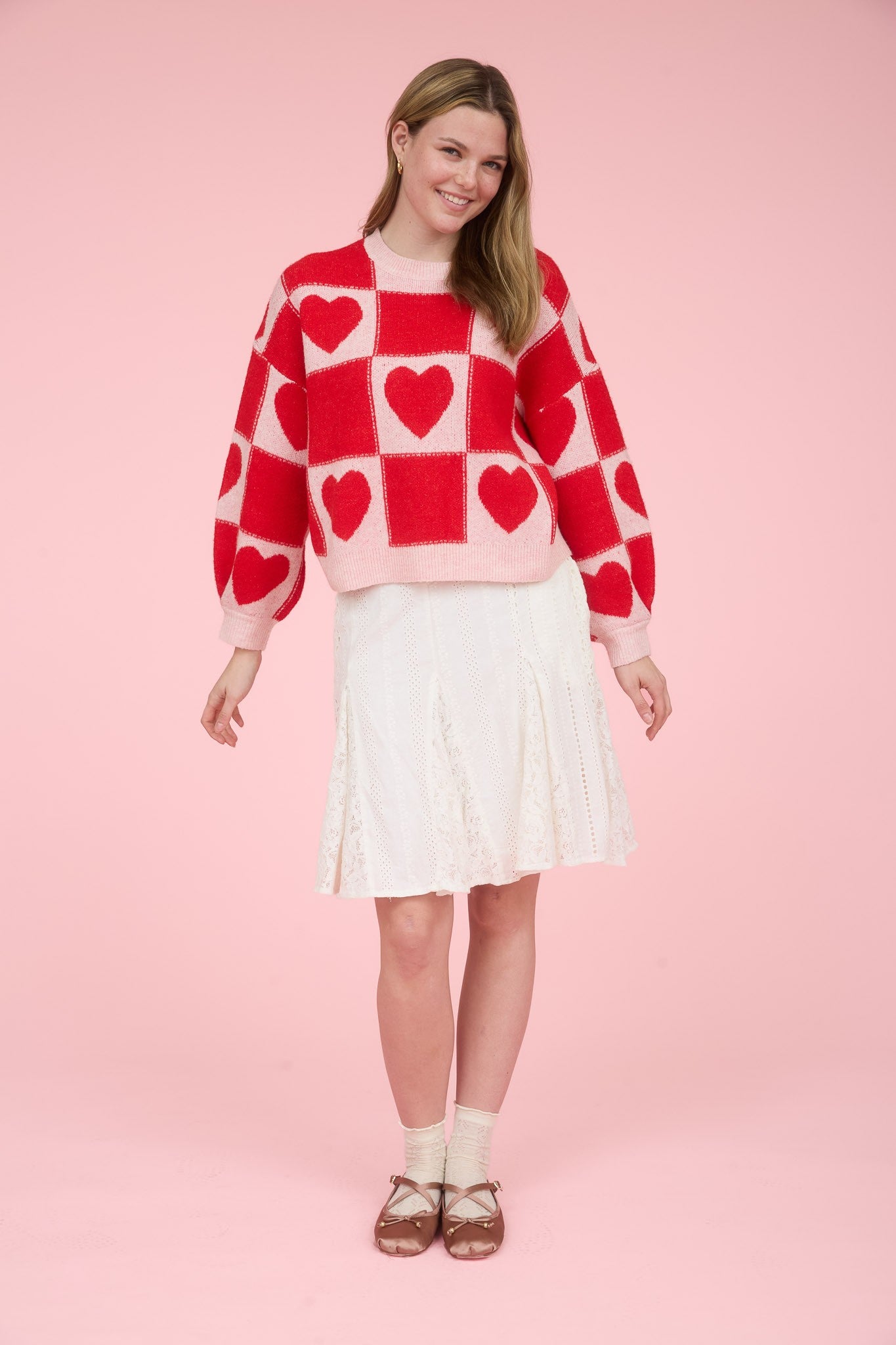 Checkered Heart Print Sweater