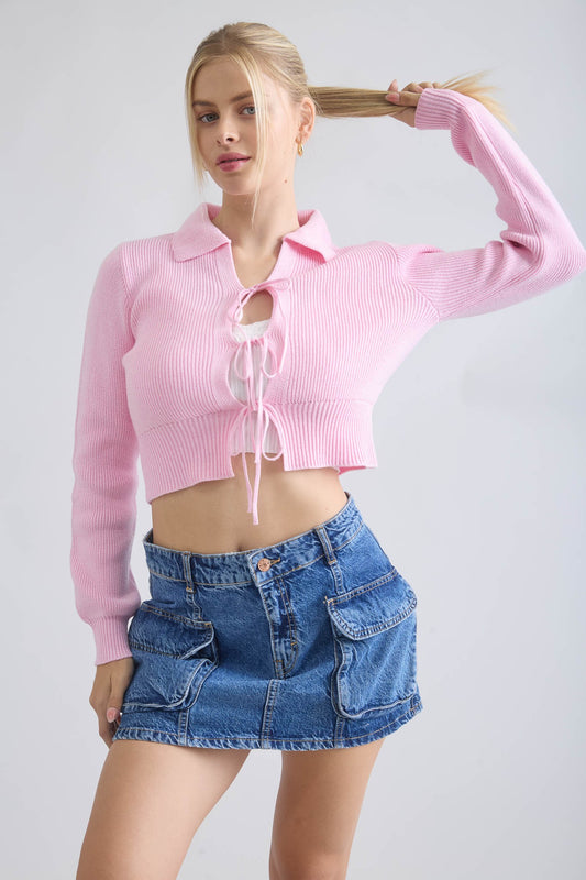 Collared Front Tie Cropped Cardigan (Pink)