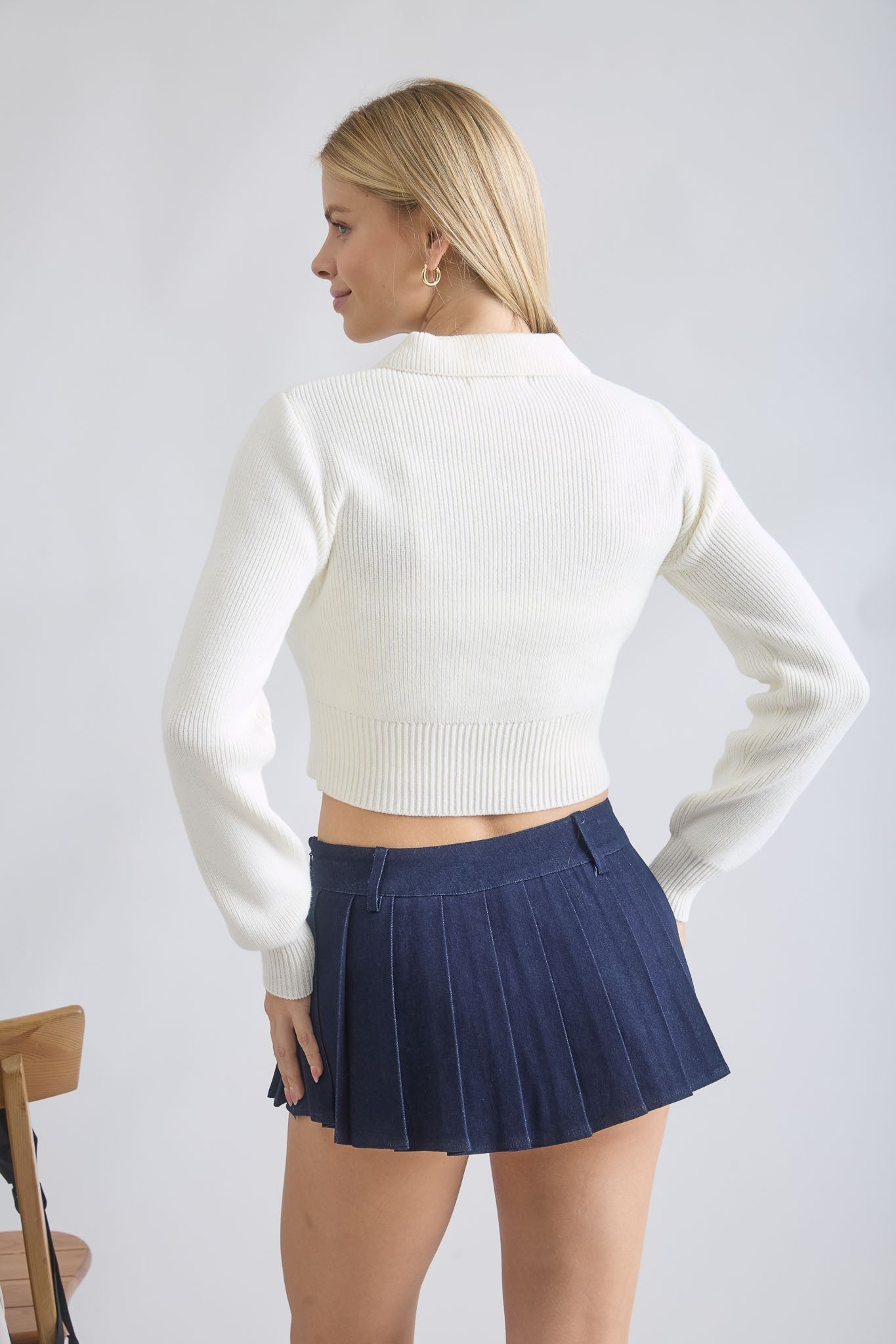 Collared Front Tie Cropped Cardigan (Ivory)