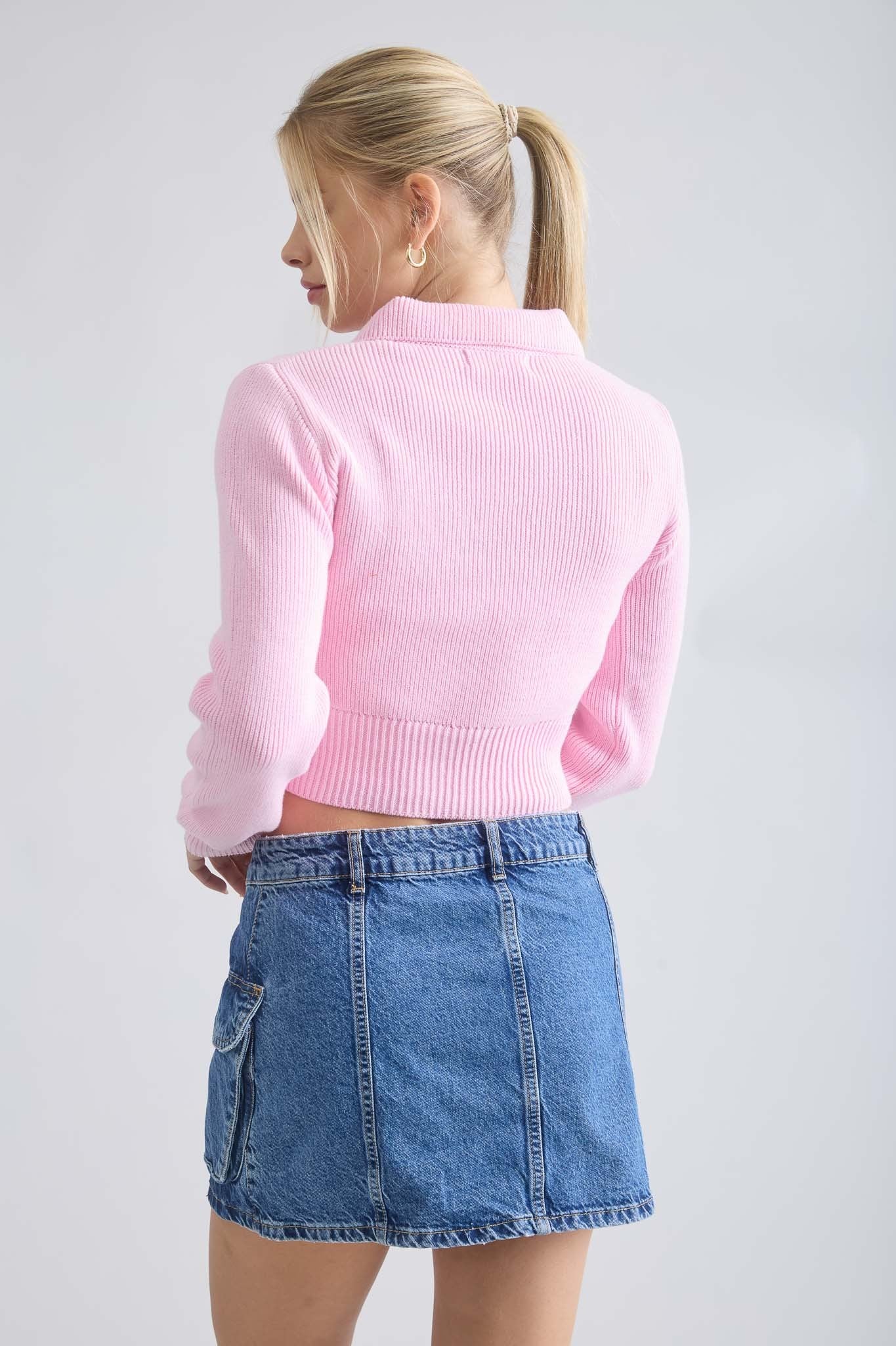 Collared Front Tie Cropped Cardigan (Pink)