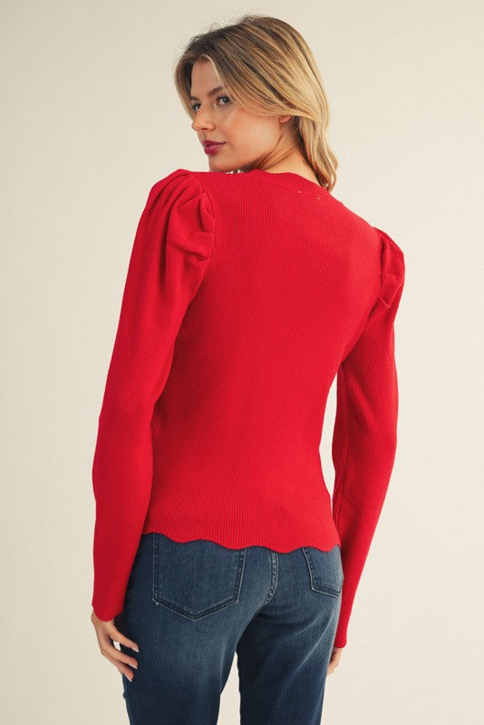 Scallop Hem Puff Shoulder Ribbed Sweater