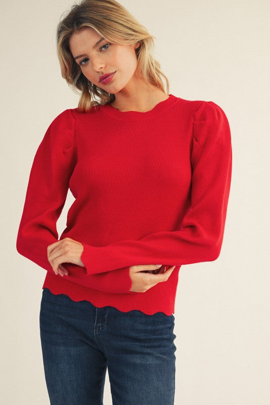 Scallop Hem Puff Shoulder Ribbed Sweater