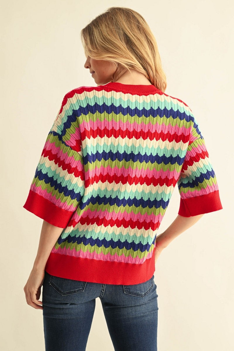 Multi Color Zig Zag Short Sleeve Sweater
